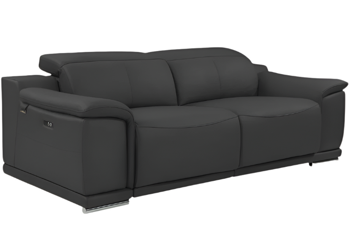 Modena 86" Dark Gray Italian Leather Power Reclining Sofa with USB and Silver Stainless Steel Legs