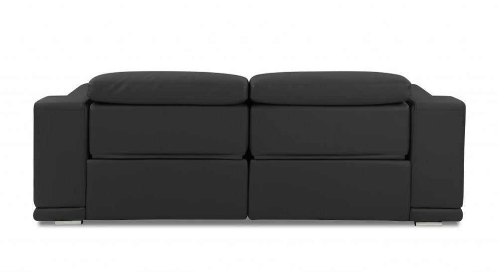 Modena 86" Dark Gray Italian Leather Power Reclining Sofa with USB and Silver Stainless Steel Legs