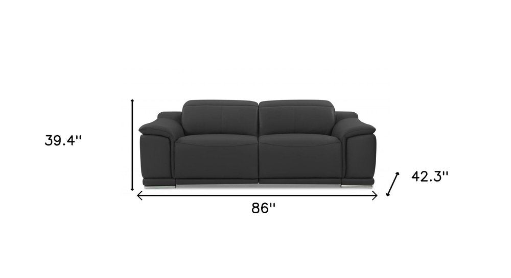 Modena 86" Dark Gray Italian Leather Power Reclining Sofa with USB and Silver Stainless Steel Legs