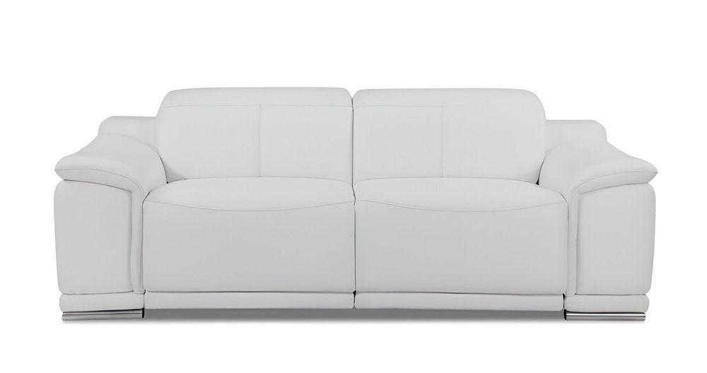 Valerio 86" White Italian Leather Power Reclining Sofa with USB and Silver Stainless Steel Legs