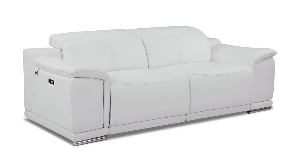 Valerio 86" White Italian Leather Power Reclining Sofa with USB and Silver Stainless Steel Legs