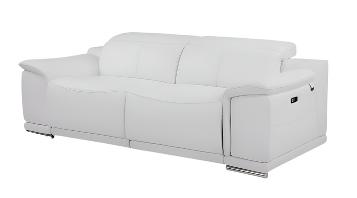 Valerio 86" White Italian Leather Power Reclining Sofa with USB and Silver Stainless Steel Legs