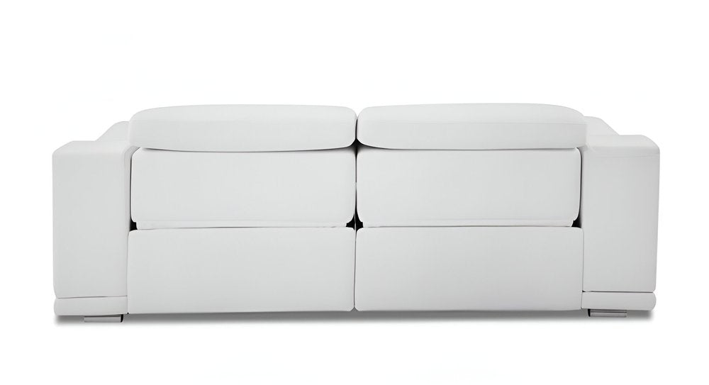 Valerio 86" White Italian Leather Power Reclining Sofa with USB and Silver Stainless Steel Legs