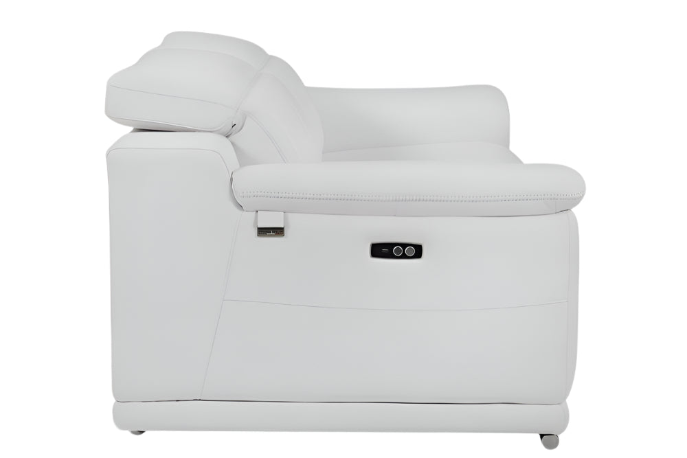 Valerio 86" White Italian Leather Power Reclining Sofa with USB and Silver Stainless Steel Legs