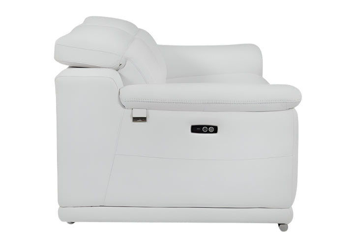 Valerio 86" White Italian Leather Power Reclining Sofa with USB and Silver Stainless Steel Legs