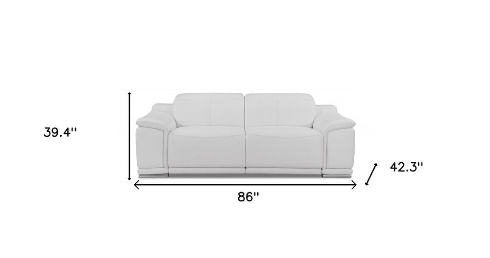 Valerio 86" White Italian Leather Power Reclining Sofa with USB and Silver Stainless Steel Legs