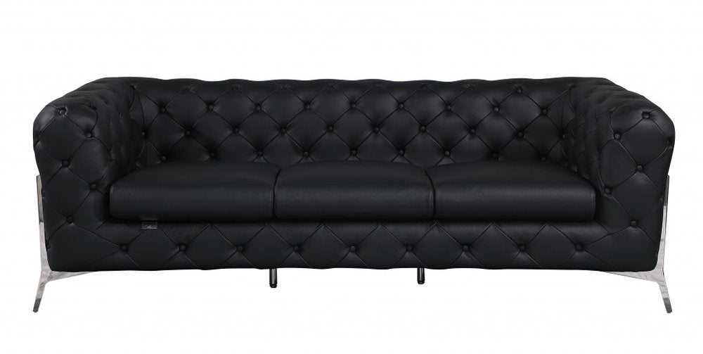 Eliodoro 93" Black Italian Leather Tufted Chesterfield Sofa with Silver Stainless Steel Legs