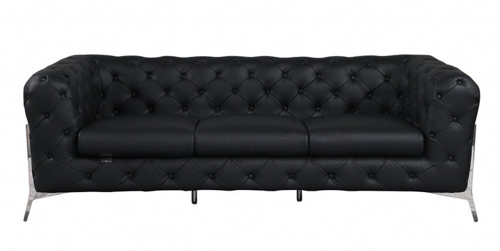 Eliodoro 93" Black Italian Leather Tufted Chesterfield Sofa with Silver Stainless Steel Legs