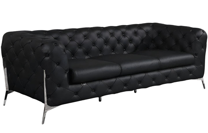 Eliodoro 93" Black Italian Leather Tufted Chesterfield Sofa with Silver Stainless Steel Legs