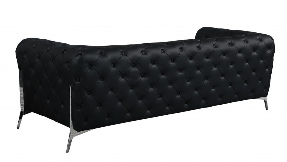 Eliodoro 93" Black Italian Leather Tufted Chesterfield Sofa with Silver Stainless Steel Legs