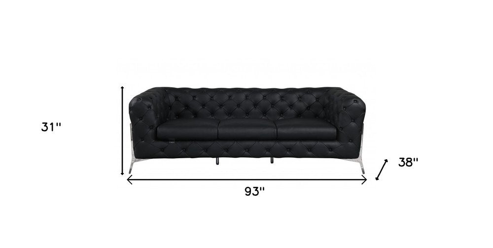 Eliodoro 93" Black Italian Leather Tufted Chesterfield Sofa with Silver Stainless Steel Legs
