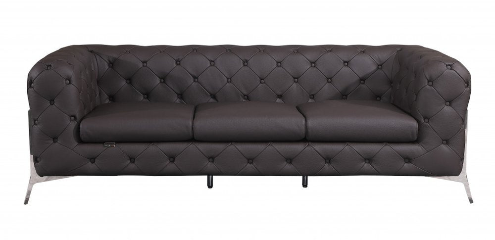 Valente 93" Brown Italian Leather Tufted Chesterfield Sofa with Silver Stainless Steel Legs