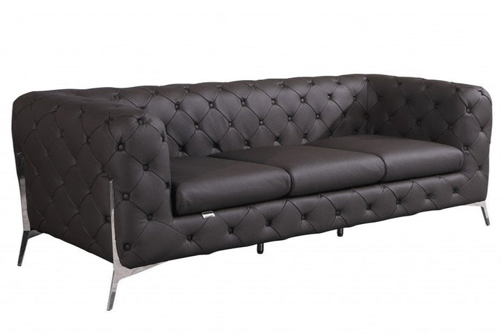 Valente 93" Brown Italian Leather Tufted Chesterfield Sofa with Silver Stainless Steel Legs