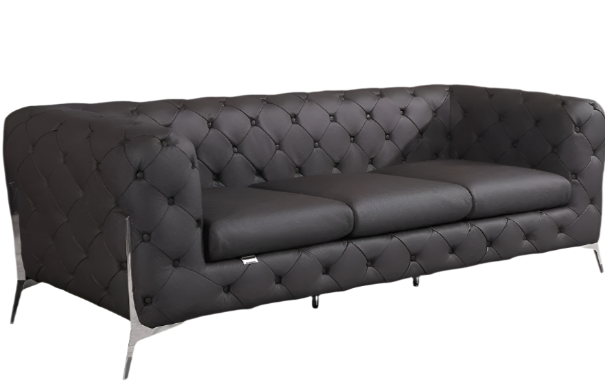Valente 93" Brown Italian Leather Tufted Chesterfield Sofa with Silver Stainless Steel Legs
