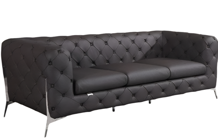 Valente 93" Brown Italian Leather Tufted Chesterfield Sofa with Silver Stainless Steel Legs