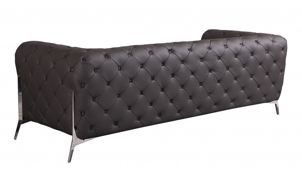 Valente 93" Brown Italian Leather Tufted Chesterfield Sofa with Silver Stainless Steel Legs