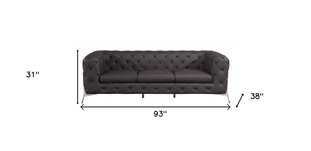 Valente 93" Brown Italian Leather Tufted Chesterfield Sofa with Silver Stainless Steel Legs