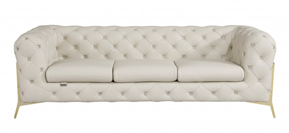 Bellagio 93" Beige Italian Leather Chesterfield Sofa with Silver Stainless Steel Legs