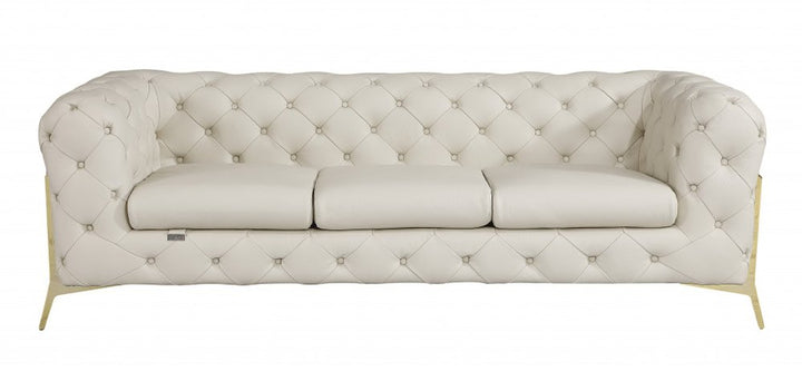 Bellagio 93" Beige Italian Leather Chesterfield Sofa with Silver Stainless Steel Legs