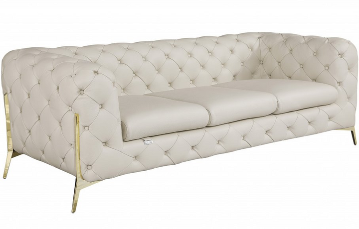 Bellagio 93" Beige Italian Leather Chesterfield Sofa with Silver Stainless Steel Legs