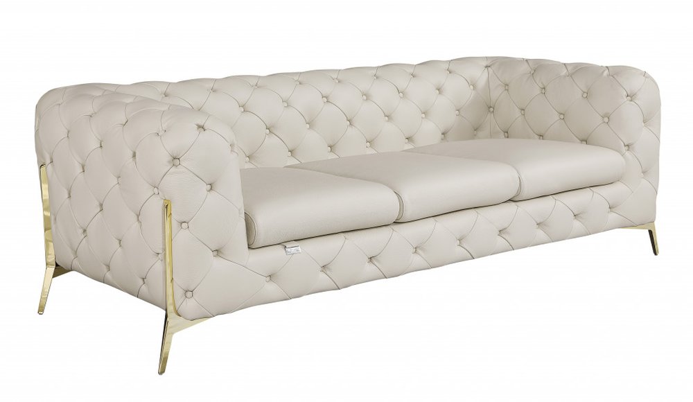 Bellagio 93" Beige Italian Leather Chesterfield Sofa with Silver Stainless Steel Legs