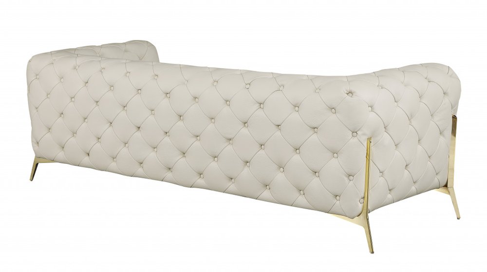 Bellagio 93" Beige Italian Leather Chesterfield Sofa with Silver Stainless Steel Legs