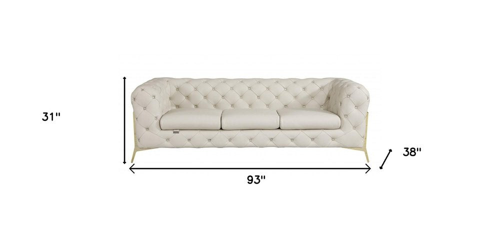 Bellagio 93" Beige Italian Leather Chesterfield Sofa with Silver Stainless Steel Legs
