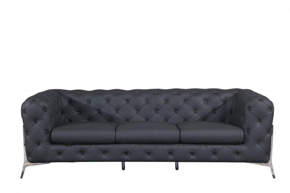 Bellagio 93" Dark Gray Italian Leather Chesterfield Sofa with Silver Stainless Steel Legs