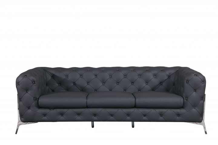 Bellagio 93" Dark Gray Italian Leather Chesterfield Sofa with Silver Stainless Steel Legs