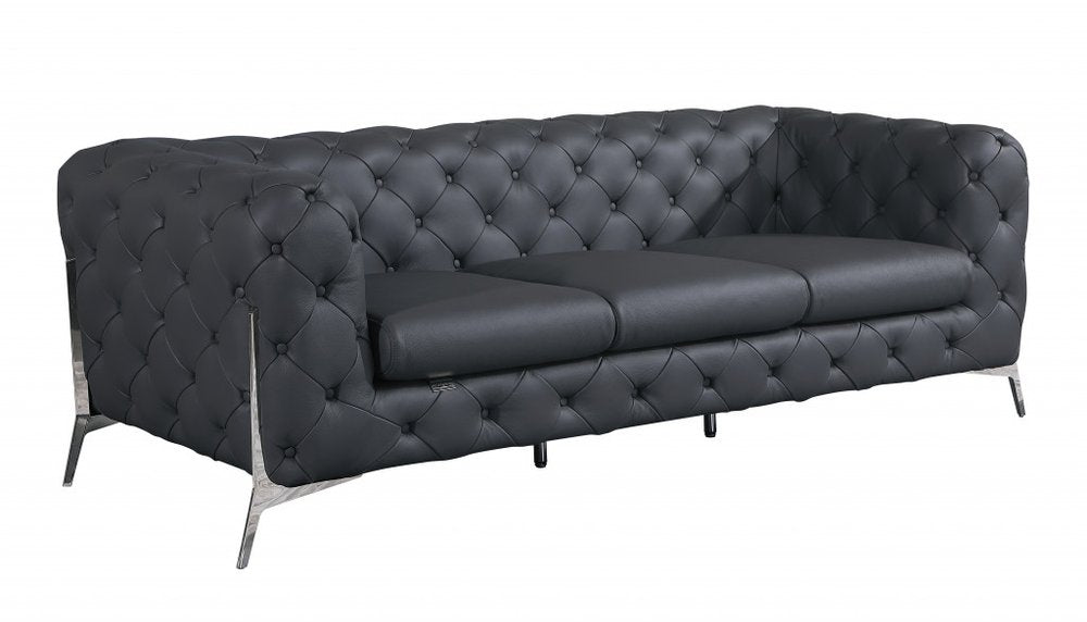 Bellagio 93" Dark Gray Italian Leather Chesterfield Sofa with Silver Stainless Steel Legs