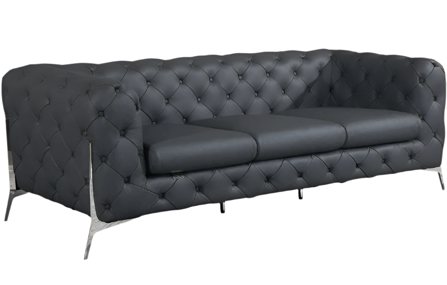 Bellagio 93" Dark Gray Italian Leather Chesterfield Sofa with Silver Stainless Steel Legs