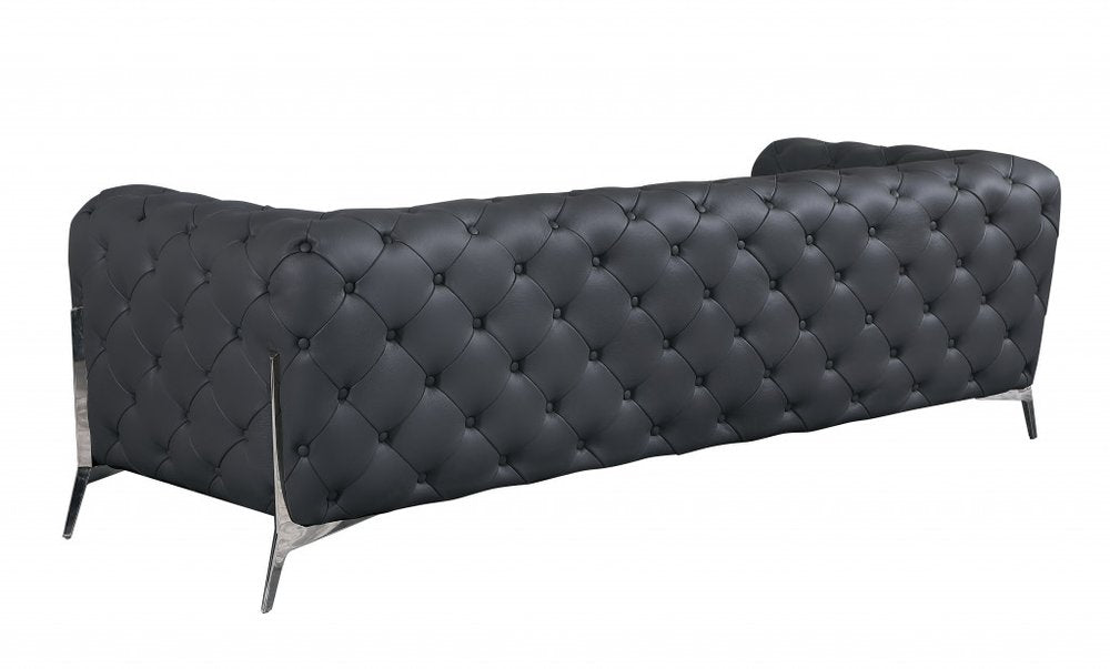 Bellagio 93" Dark Gray Italian Leather Chesterfield Sofa with Silver Stainless Steel Legs