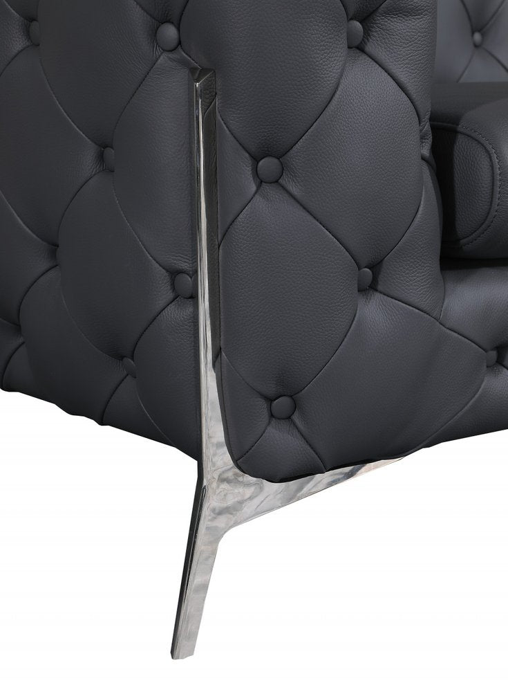 Bellagio 93" Dark Gray Italian Leather Chesterfield Sofa with Silver Stainless Steel Legs