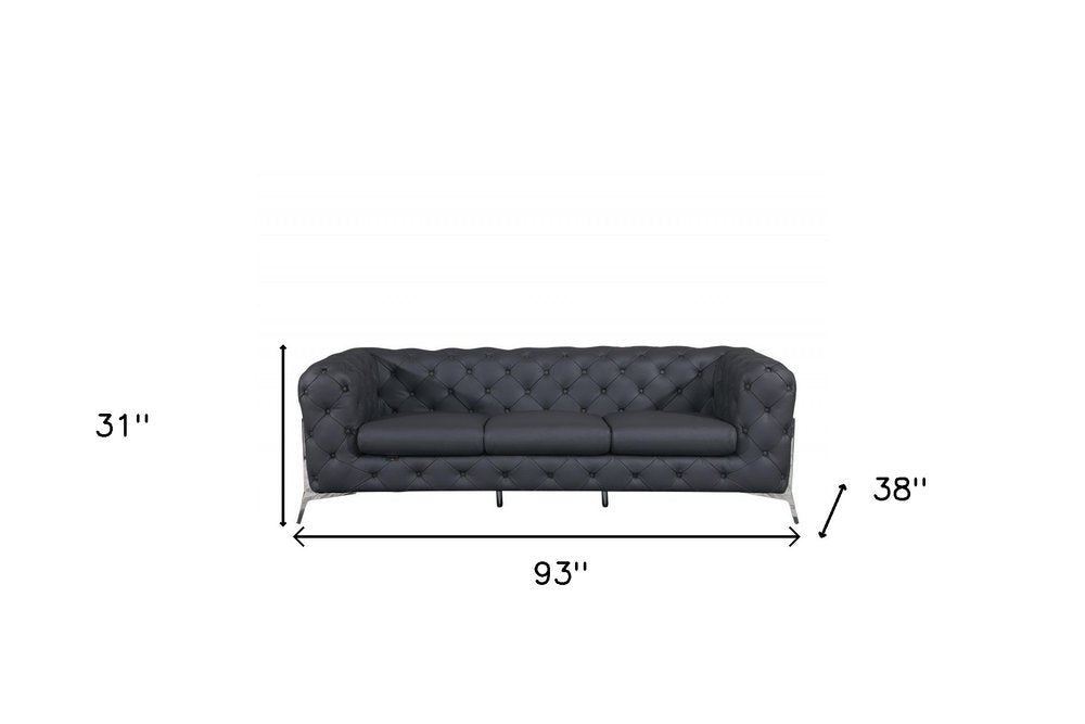 Bellagio 93" Dark Gray Italian Leather Chesterfield Sofa with Silver Stainless Steel Legs