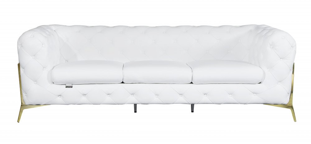 Carrara 93" White Italian Leather Chesterfield Sofa with Silver Stainless Steel Legs