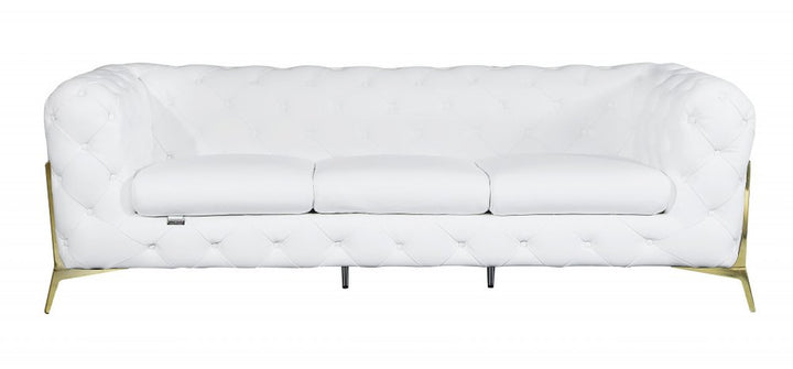 Carrara 93" White Italian Leather Chesterfield Sofa with Silver Stainless Steel Legs