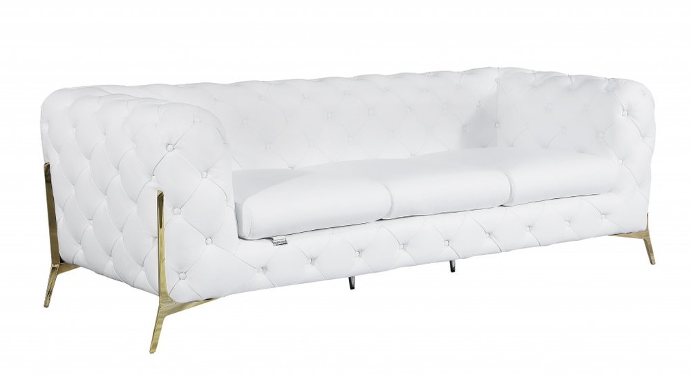 Carrara 93" White Italian Leather Chesterfield Sofa with Silver Stainless Steel Legs