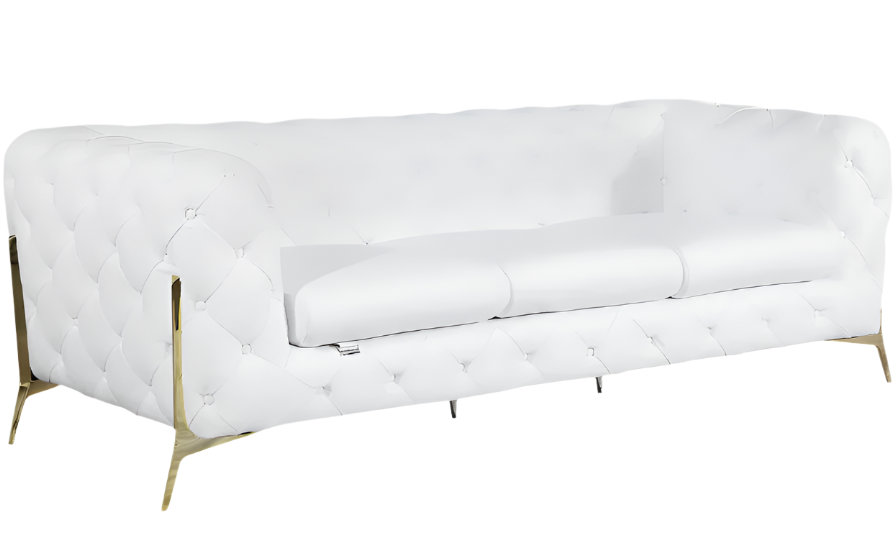 Carrara 93" White Italian Leather Chesterfield Sofa with Silver Stainless Steel Legs
