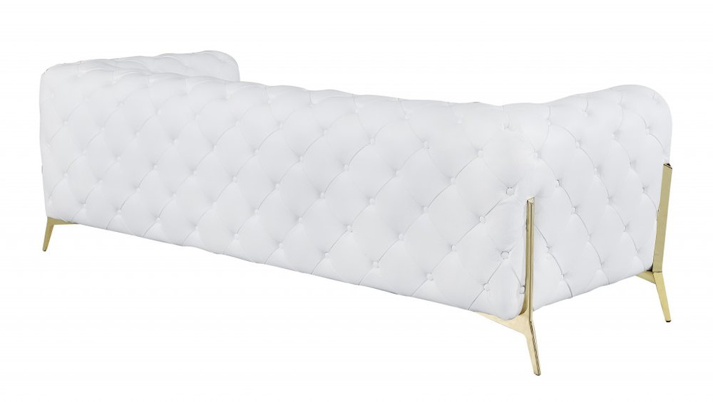 Carrara 93" White Italian Leather Chesterfield Sofa with Silver Stainless Steel Legs