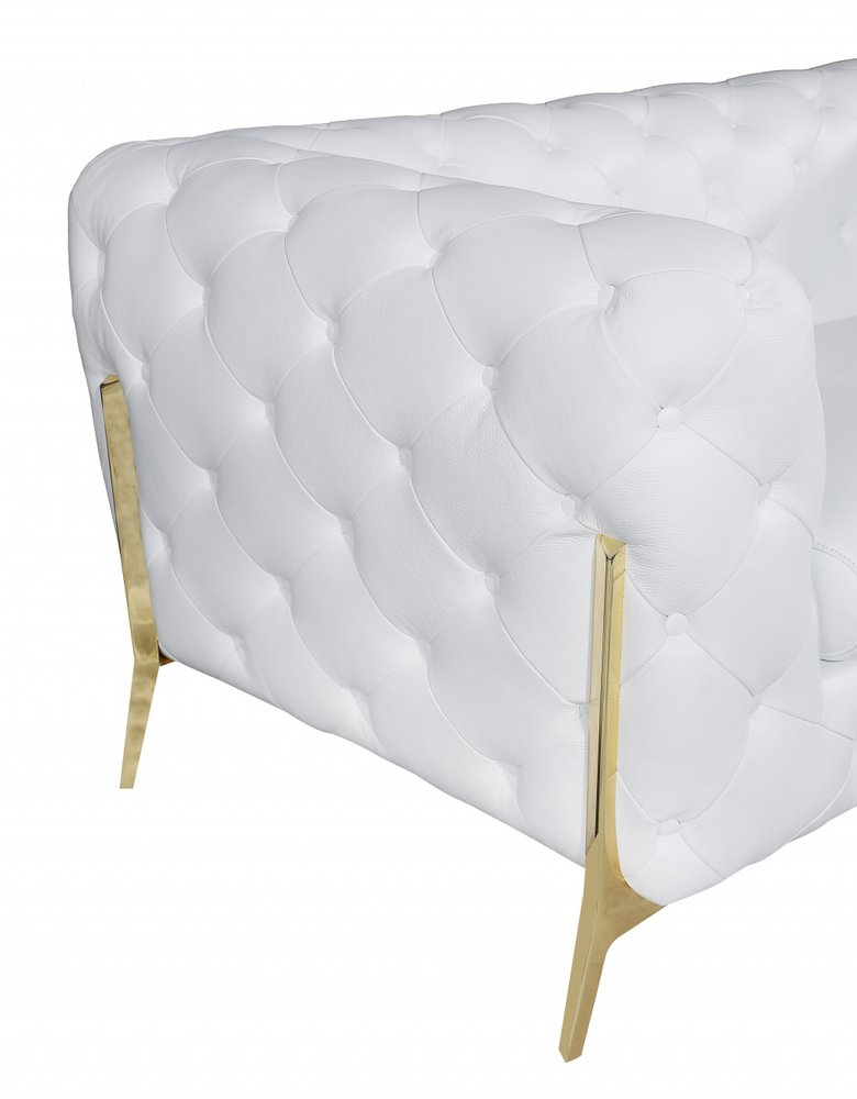 Carrara 93" White Italian Leather Chesterfield Sofa with Silver Stainless Steel Legs