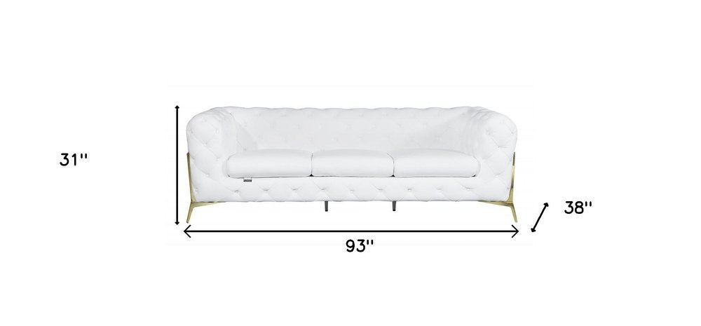 Carrara 93" White Italian Leather Chesterfield Sofa with Silver Stainless Steel Legs