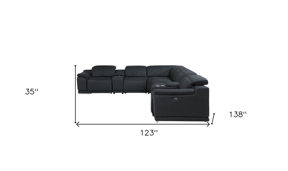 Modena Black Premium Italian Leather Power Reclining U-Shaped 8-Piece Sectional with Dual Consoles and USB Ports