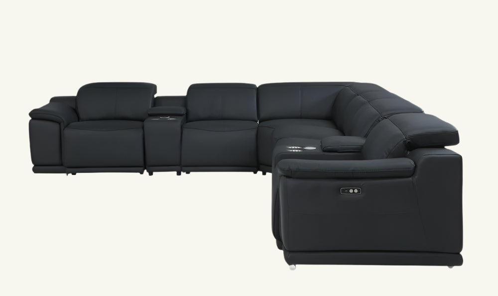 Modena Black Premium Italian Leather Power Reclining U-Shaped 8-Piece Sectional with Dual Consoles and USB Ports