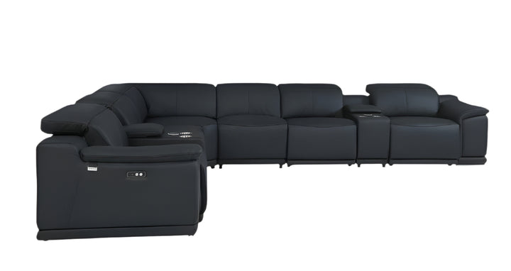 Modena Black Premium Italian Leather Power Reclining U-Shaped 8-Piece Sectional with Dual Consoles and USB Ports