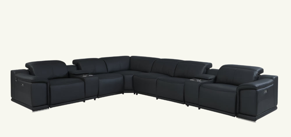 Modena Black Premium Italian Leather Power Reclining U-Shaped 8-Piece Sectional with Dual Consoles and USB Ports
