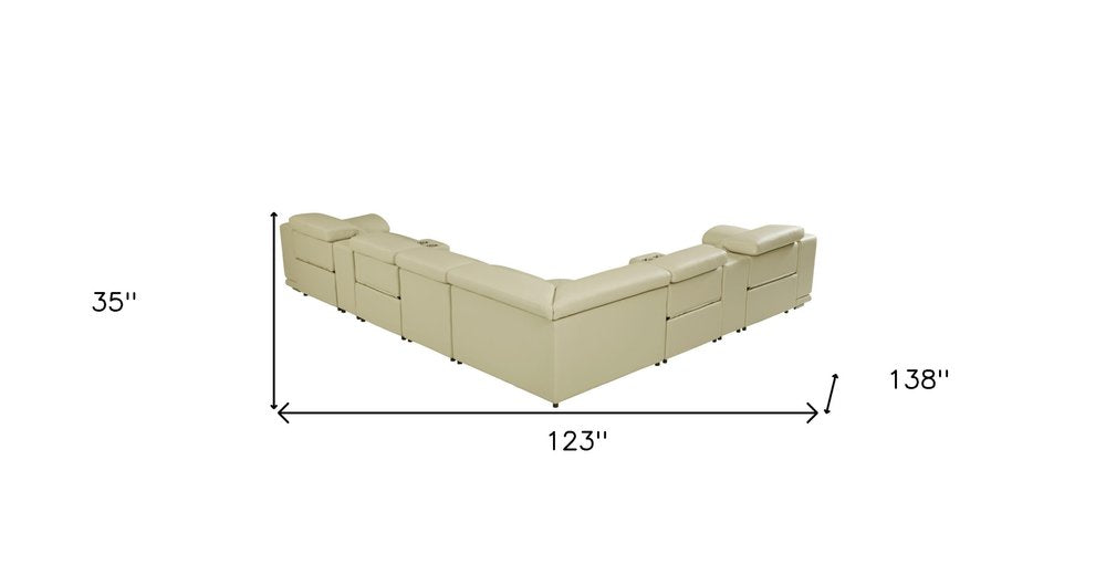 Serena Beige Italian Leather Power Reclining U-Shaped 8-Piece Sectional with Console and USB Port