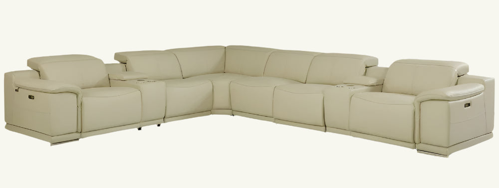 Serena Beige Italian Leather Power Reclining U-Shaped 8-Piece Sectional with Console and USB Port