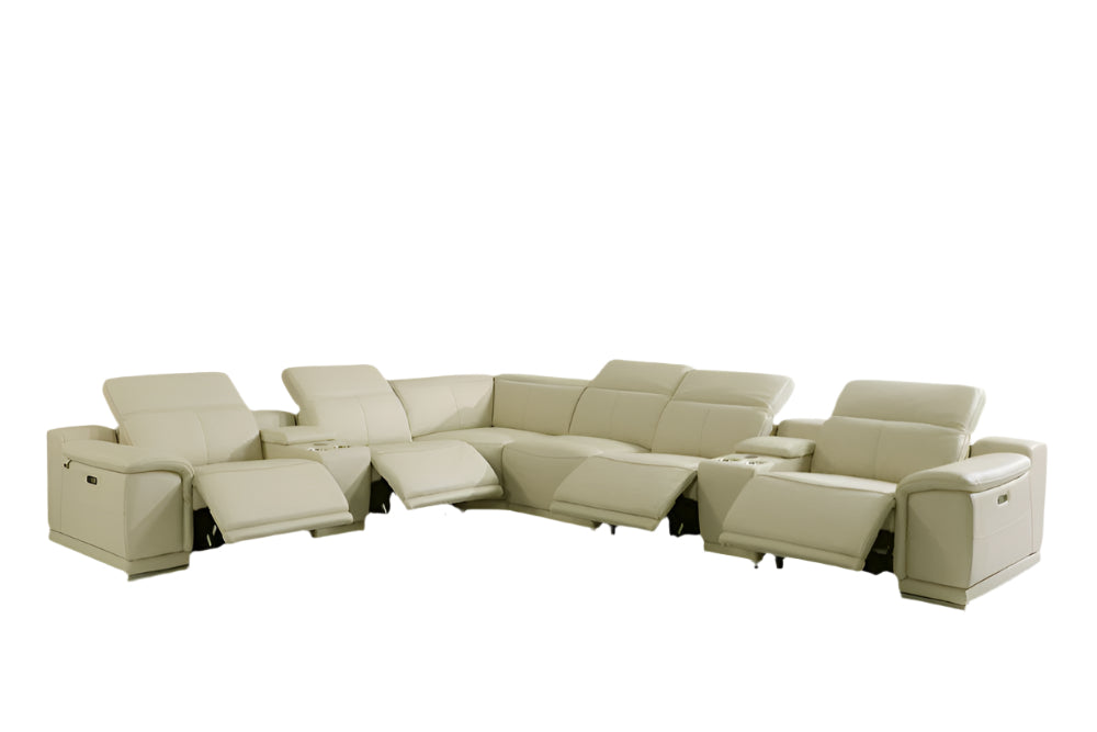 Serena Beige Italian Leather Power Reclining U-Shaped 8-Piece Sectional with Console and USB Port