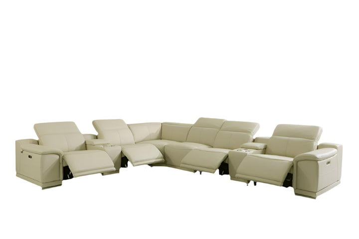 Serena Beige Italian Leather Power Reclining U-Shaped 8-Piece Sectional with Console and USB Port