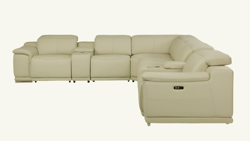 Serena Beige Italian Leather Power Reclining U-Shaped 8-Piece Sectional with Console and USB Port